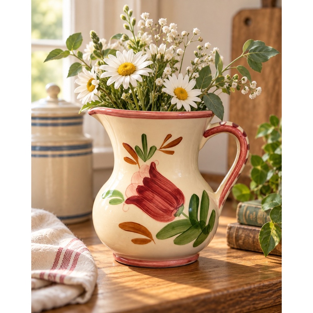 Vintage 1977 Relpo Ceramic Pitcher Hand Painted Tulip Floral Farmhouse Vase 6.5"